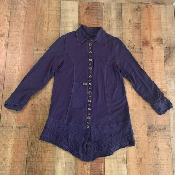 Neon Buddha purple asymmetrical button down long sleeve tunic top -S - Picture 1 of 10